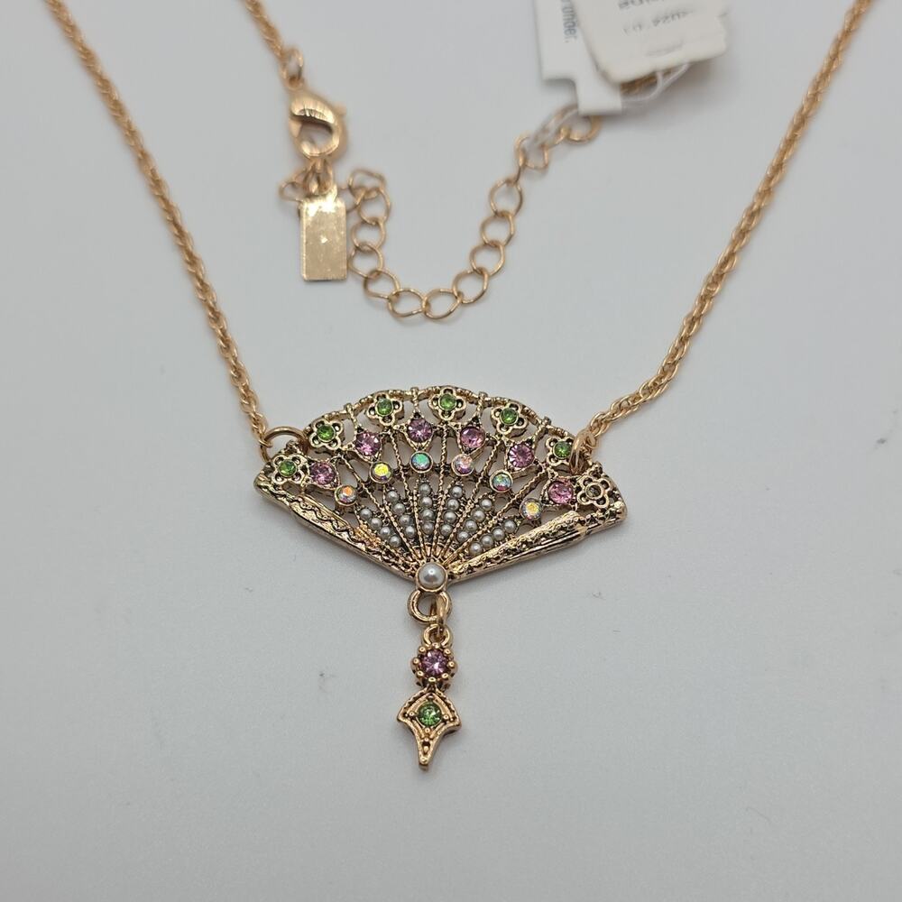 The Regency Collection Gold Plated Fan Pendant Necklace Crystal Pearl Signed